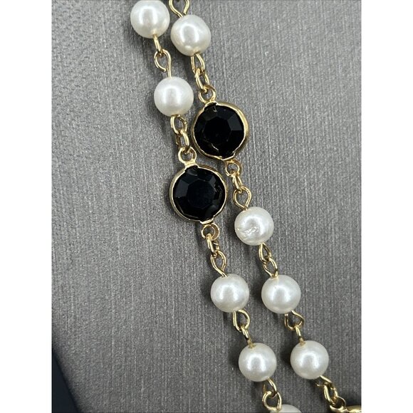 1928 Necklace Faux Pearl Black Glass Bead Gold Tone 42" Flapper Elegant Vtg - Picture 3 of 7